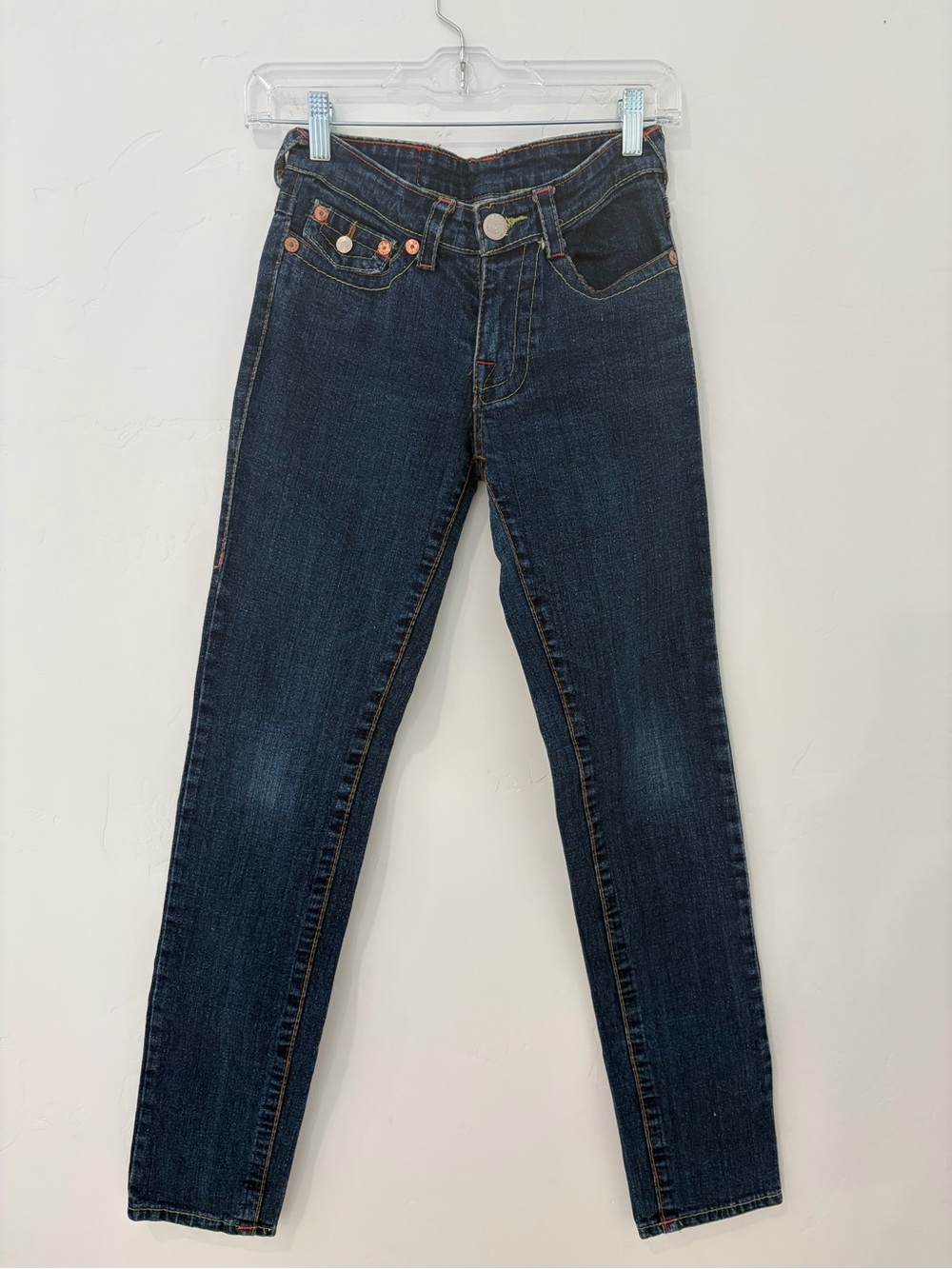 True Religion Joey Skinny Jeans Dark Wash Flap Pocket Made in USA Size 27